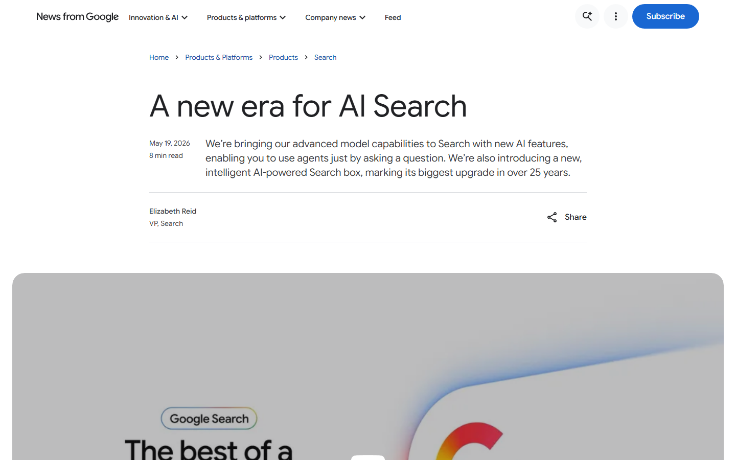Captura da página oficial do Google sobre as novidades da Busca no I/O 2026