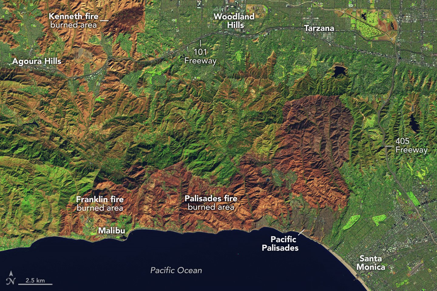 Imagem de satélite Landsat 9 em falsas cores mostra áreas queimadas perto de Los Angeles em janeiro de 2025