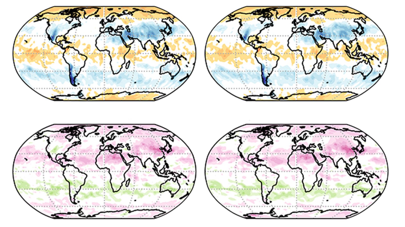 Quatro mapas globais em pares com valores de referência e previsões de fluxos de momento na alta troposfera apresentados pela NASA
