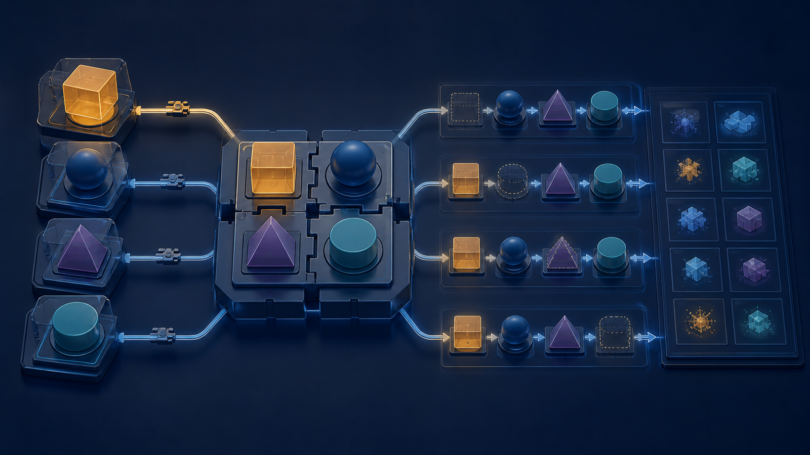 Ilustração editorial de um sistema modular dividido em trilhas comparativas que removem ou substituem um componente por vez antes de formar uma matriz de evidências