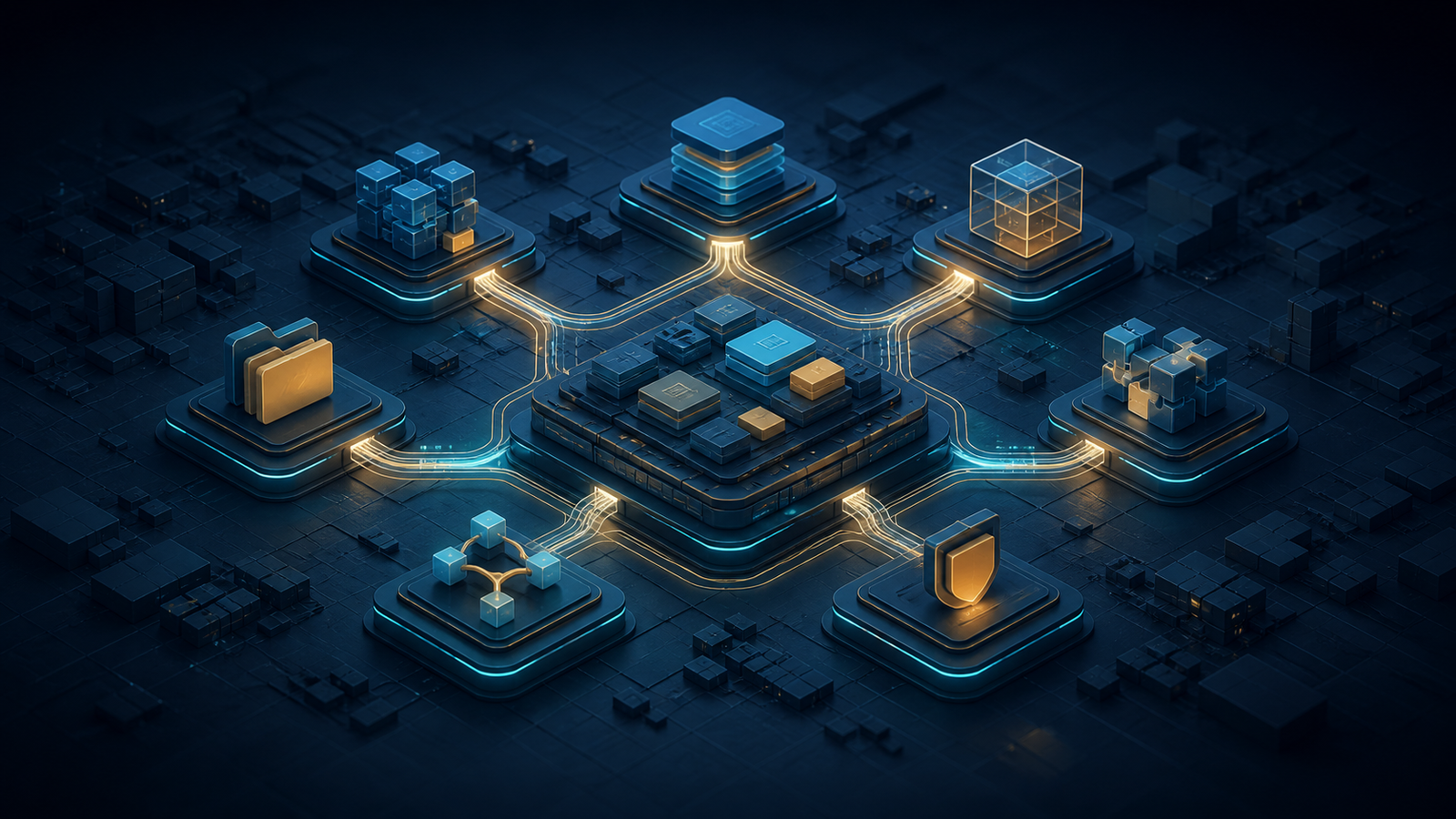 Ilustração editorial de uma arquitetura de software em camadas conectada a sete núcleos documentais, vista como um mapa técnico