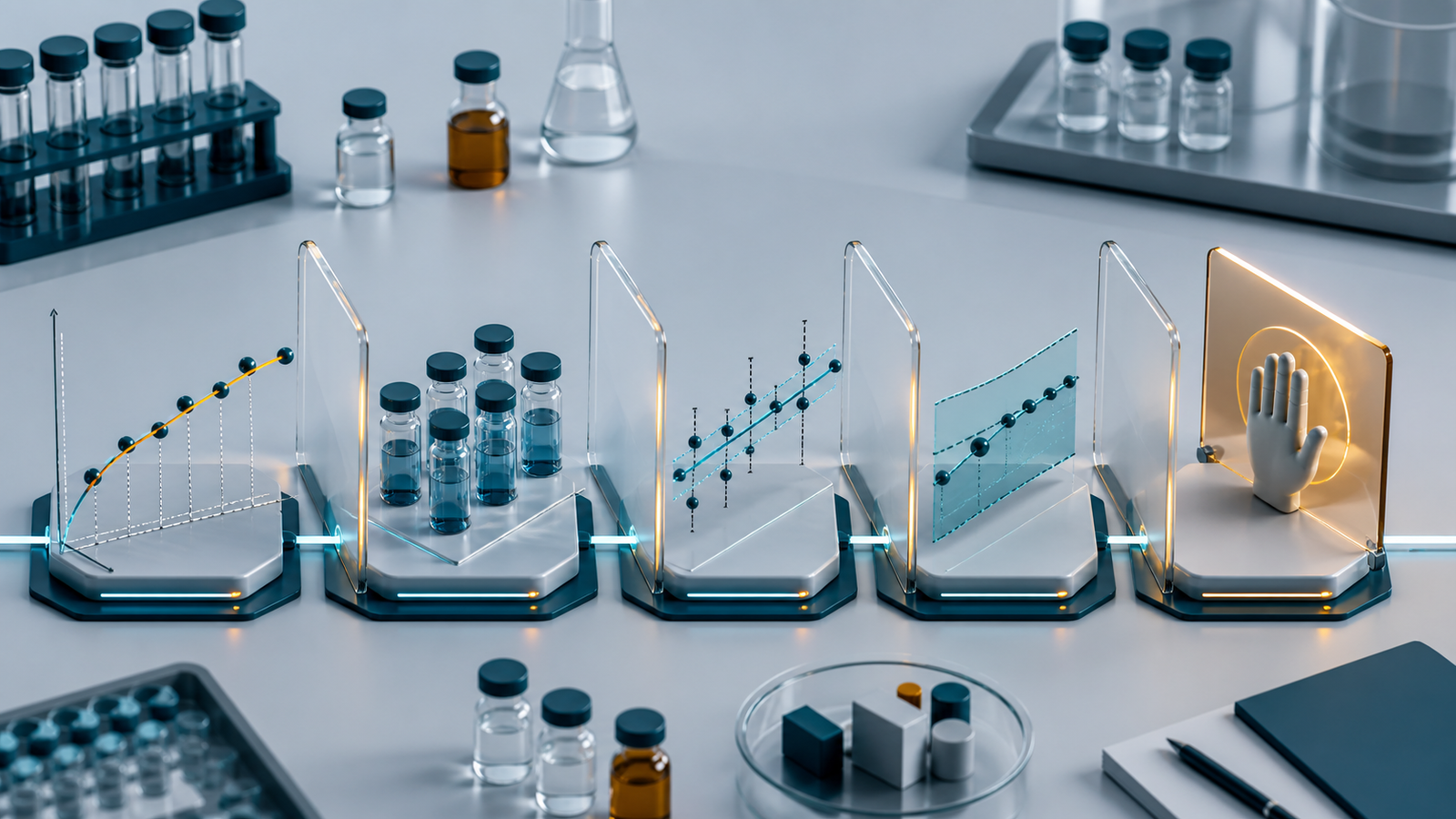 Ilustração editorial de medições laboratoriais abstratas atravessando critérios estatísticos e uma barreira final de revisão humana