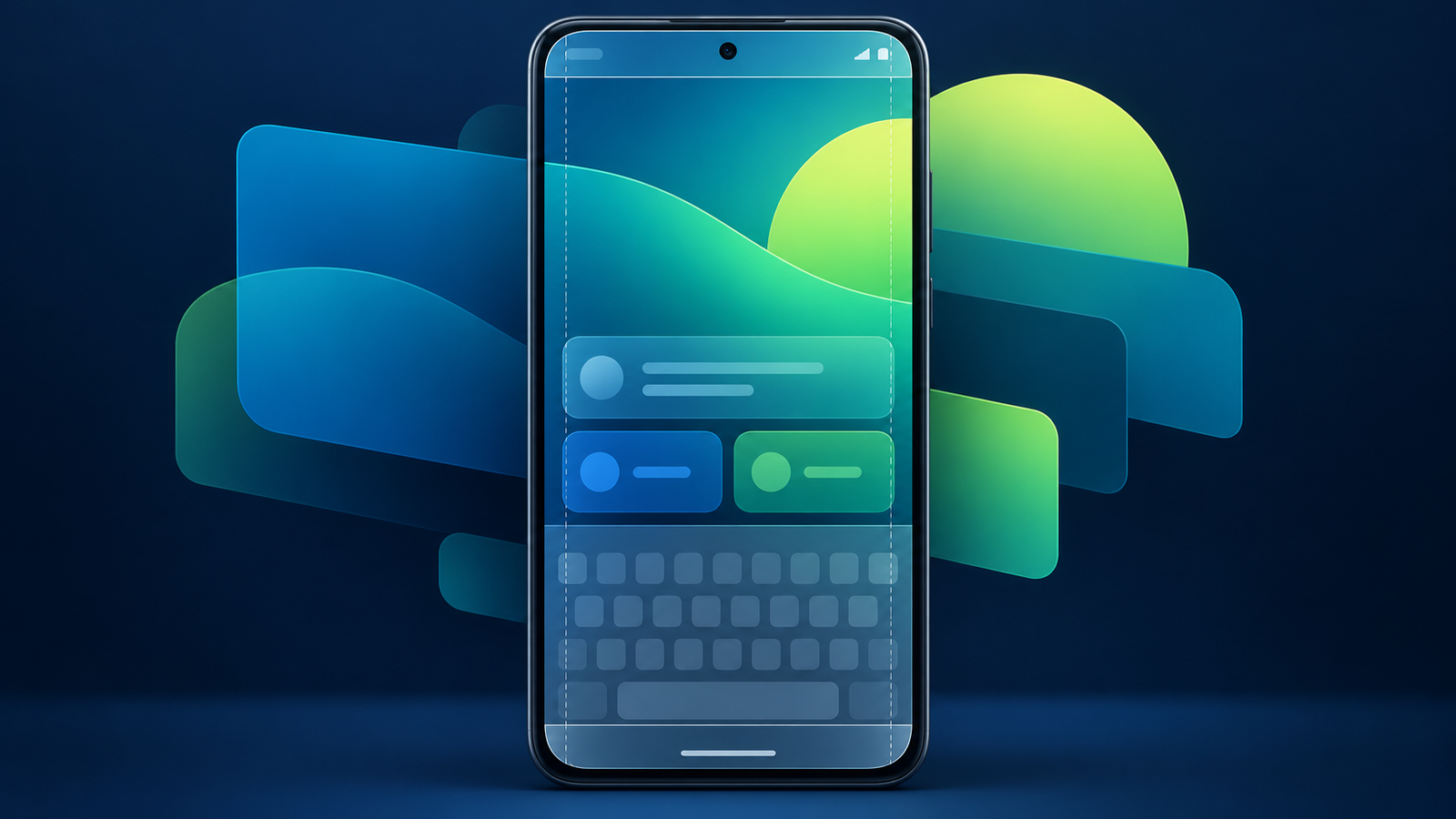 Ilustração conceitual de uma tela de celular estendida sob as barras do sistema, com linhas indicando áreas seguras e teclado