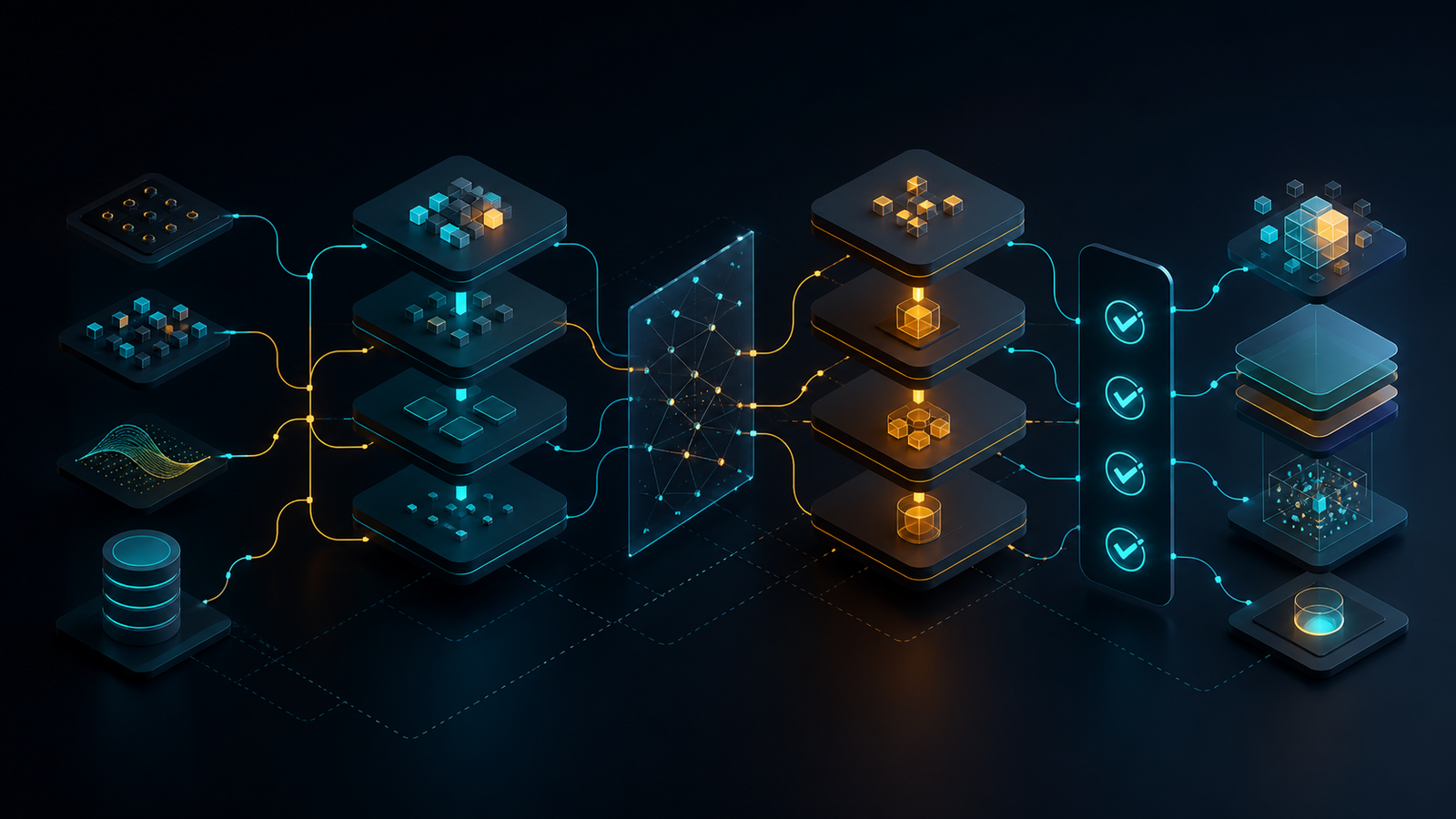 Ilustração editorial de componentes de software em camadas conectados a verificações visuais