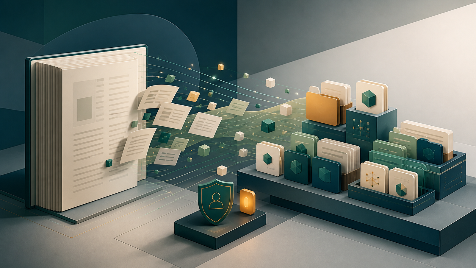 Ilustração editorial de um documento autorizado sendo convertido em módulos locais de conhecimento com revisão e proteção