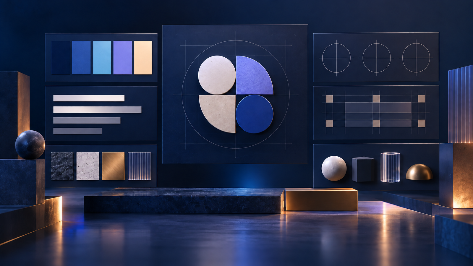 Ilustração editorial abstrata de uma identidade visual organizada em grade com paleta, materiais, geometria de construção e módulos coerentes