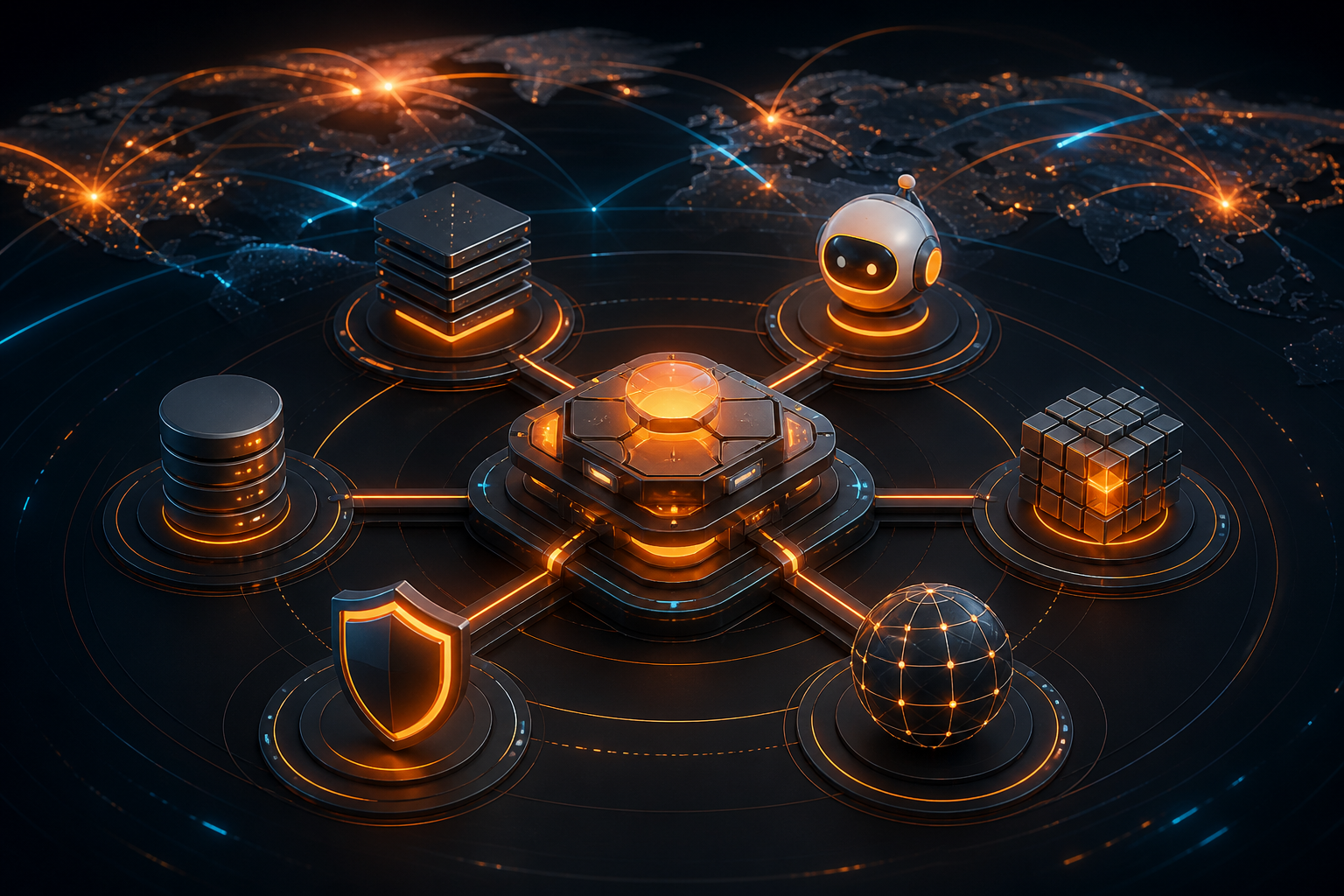 Ilustração editorial de uma nuvem conectada a blocos de computação, armazenamento, inteligência artificial, rede e segurança