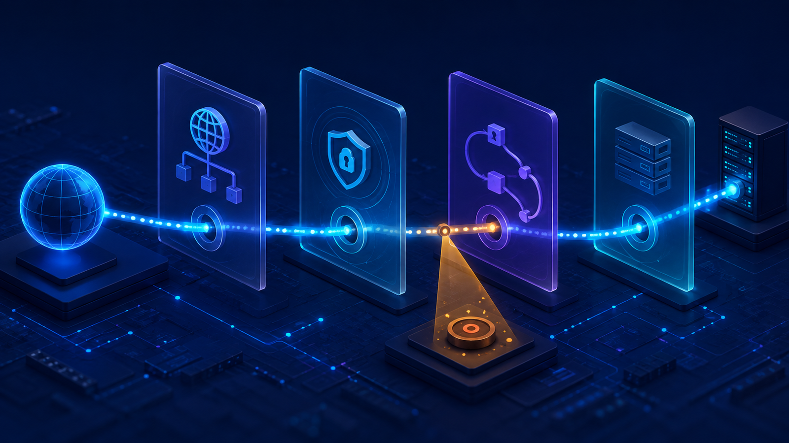 Ilustração editorial de uma rota web atravessando checkpoints de DNS, TLS, redirecionamento e origem enquanto uma falha é isolada por uma luz âmbar