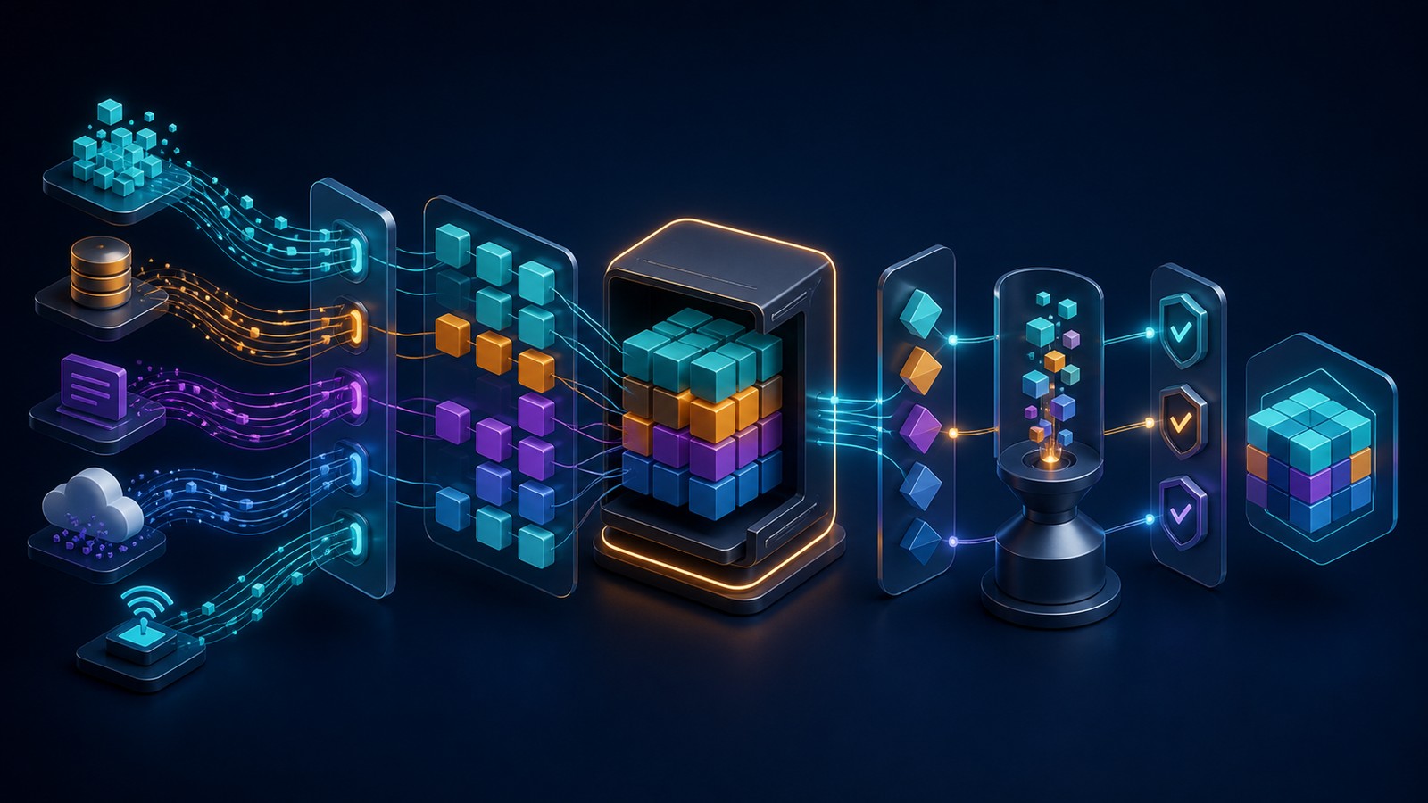 Ilustração editorial de fontes de dados atravessando etapas modulares de montagem, teste e validação de um pacote de integração
