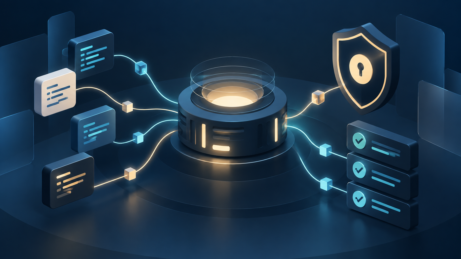 Ilustração conceitual de módulos de código ligados a um runtime com escudo de permissões e verificações de qualidade