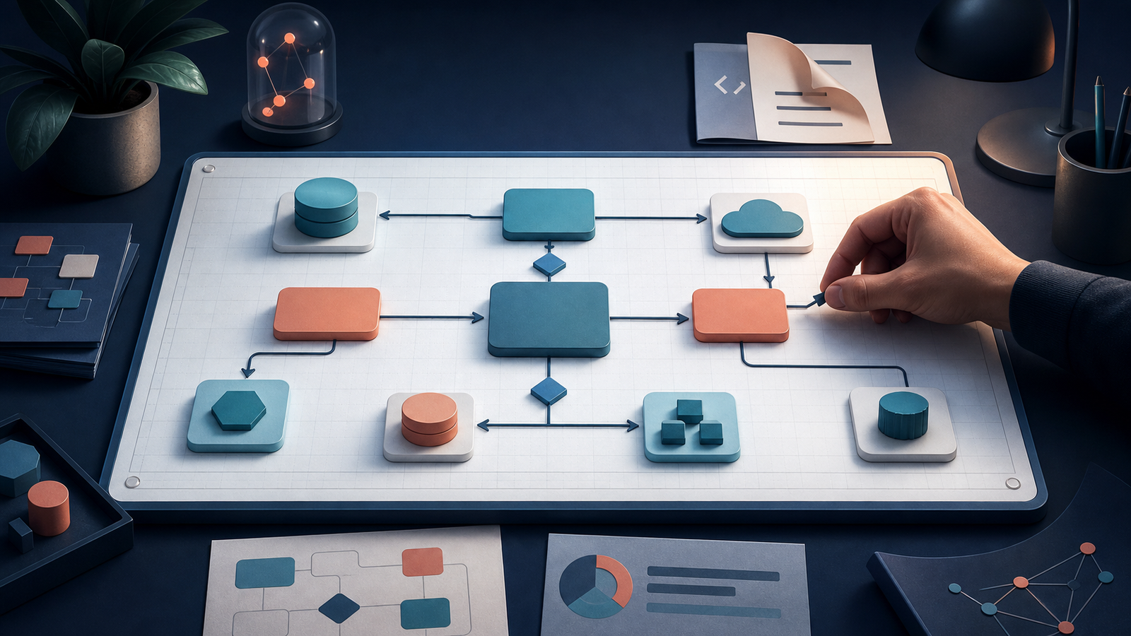 Ilustração editorial de uma mão conectando componentes modulares em um diagrama técnico sobre uma mesa de projeto