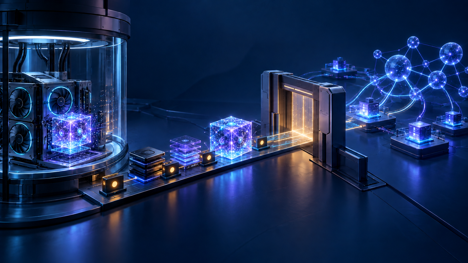 Ilustração editorial abstrata de um modelo atravessando uma bancada de teste com GPU, cache e gates antes de chegar a nós de serviço distribuídos