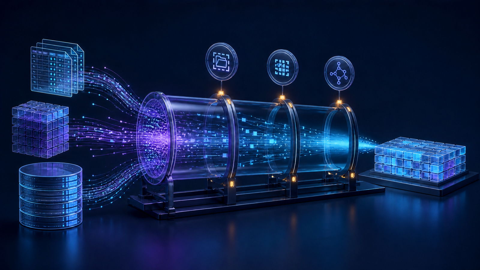 Ilustração editorial de arquivos e blocos de dados atravessando checkpoints de escopo, consulta e revisão antes de formar um resultado compacto