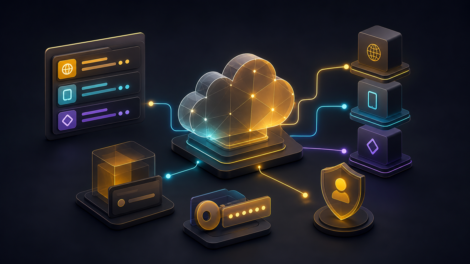 Ilustração editorial de uma nuvem serverless conectada a módulos de aplicativo, configuração, autenticação e confirmação humana