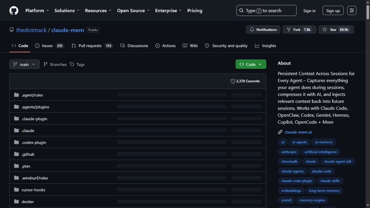 Captura da página do repositório thedotmack/claude-mem no GitHub