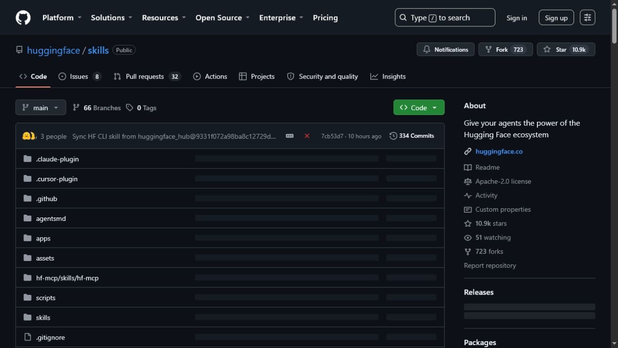 Captura da página do repositório huggingface/skills no GitHub