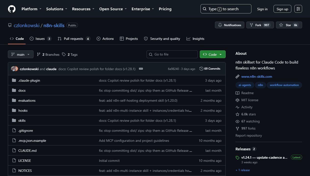 Captura da página do repositório czlonkowski/n8n-skills no GitHub