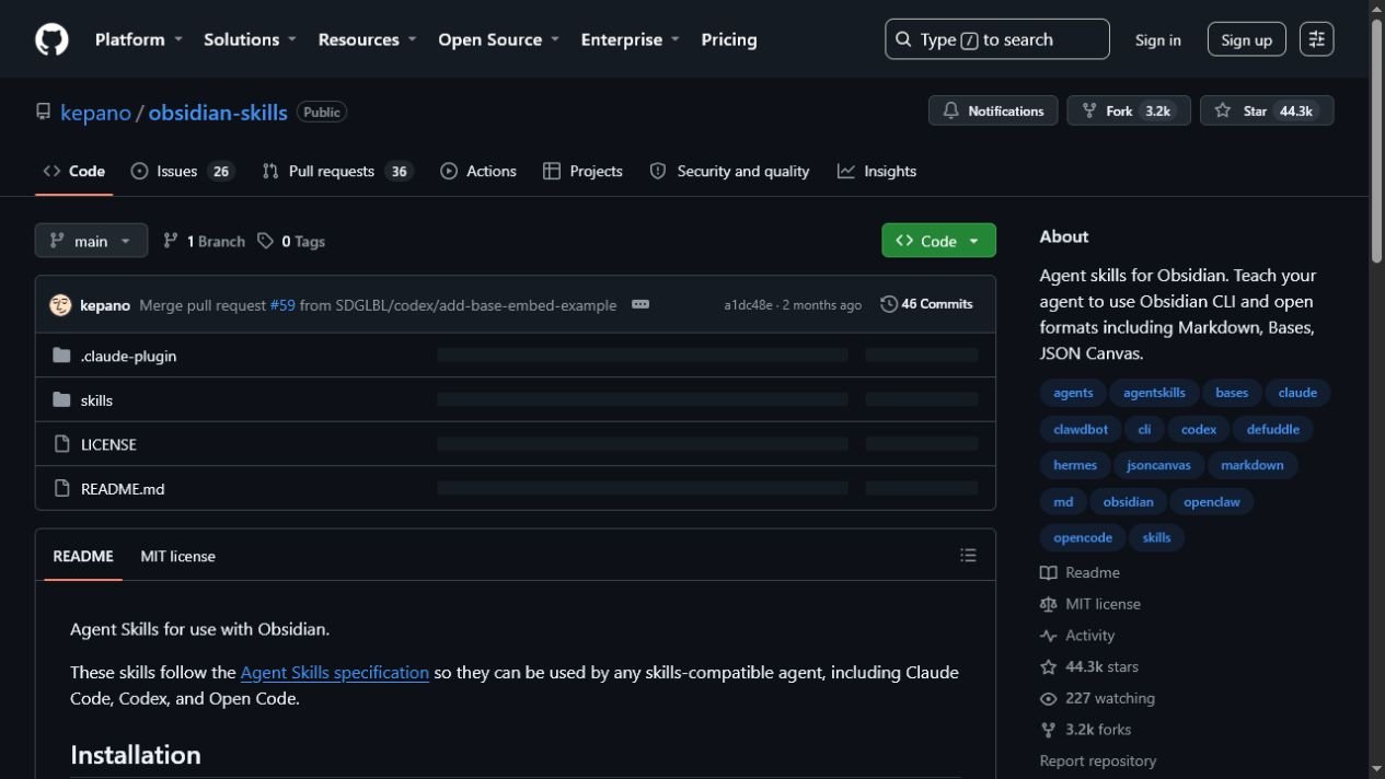 Captura da página do repositório kepano/obsidian-skills no GitHub