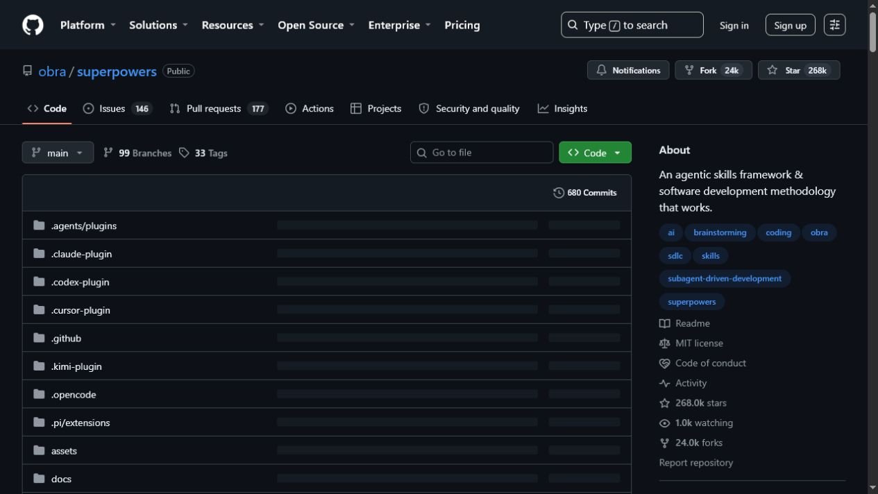 Captura da página do repositório obra/superpowers no GitHub