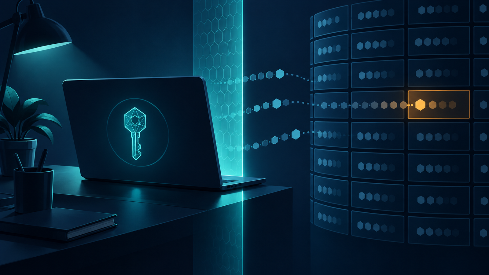 Ilustração de uma chave protegida em um computador e fragmentos abstratos atravessando uma barreira até uma grade de registros