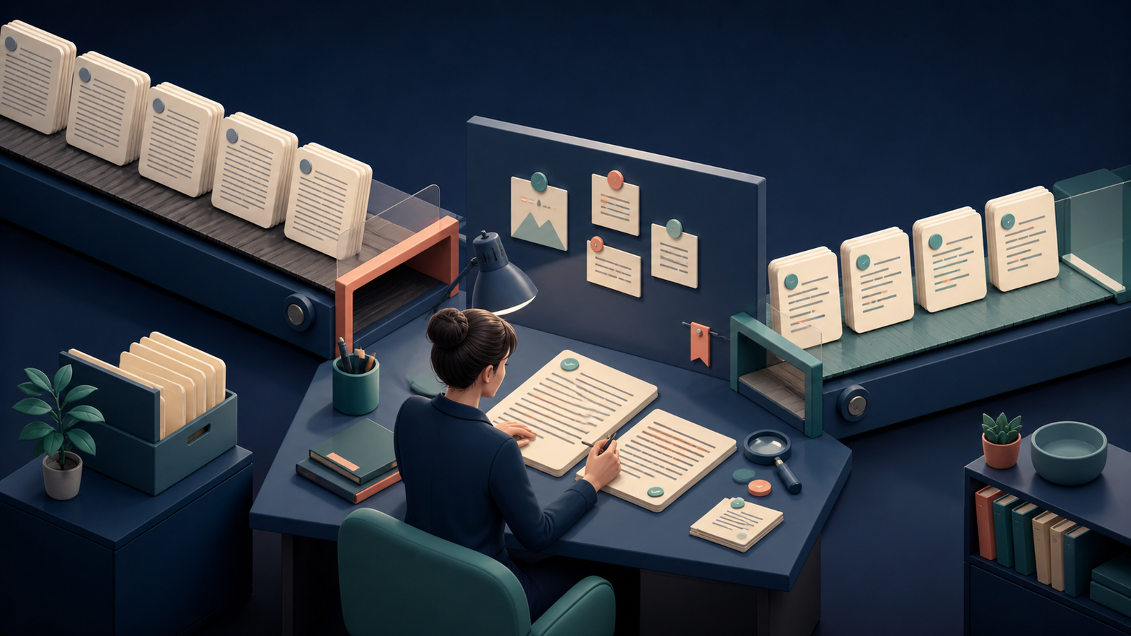 Ilustração editorial de uma editora humana revisando blocos de texto entre dois fluxos documentais, com marcadores de evidência preservados