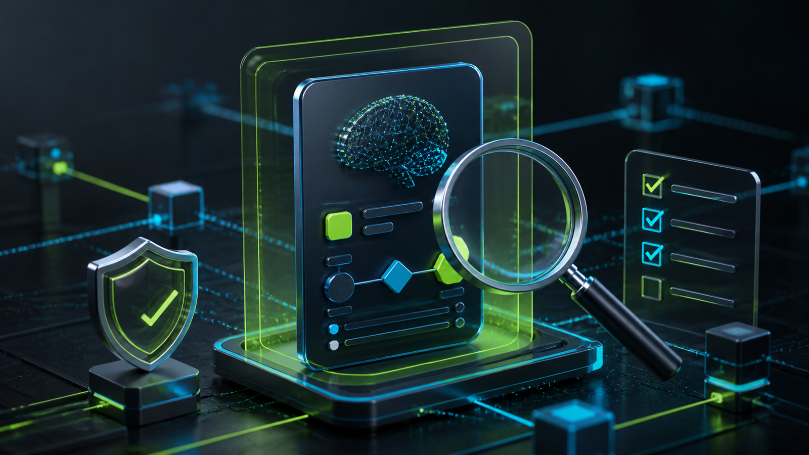 Ilustração editorial de uma ficha técnica de inteligência artificial sendo examinada por lupa, checklist e camadas de segurança