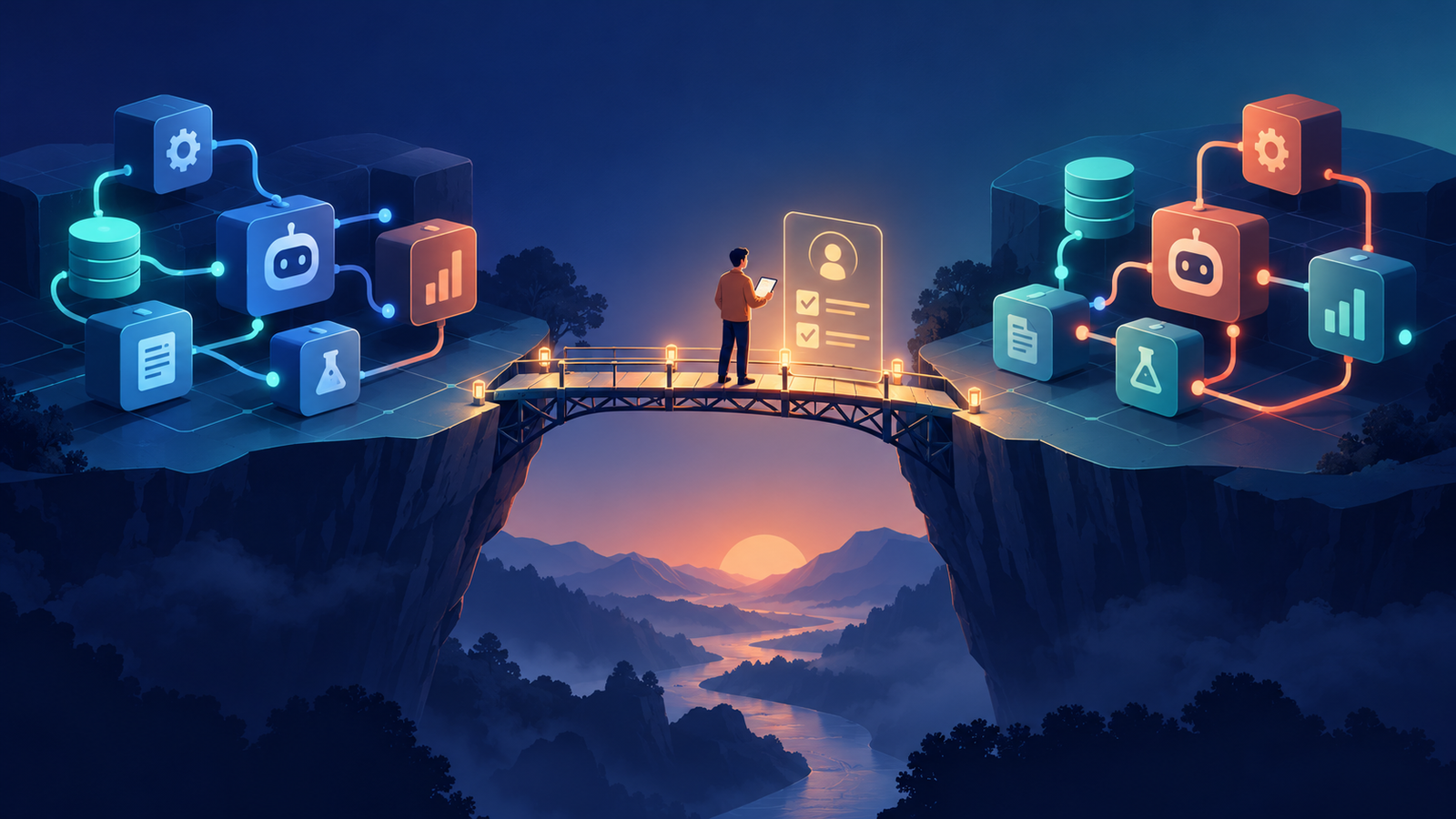 Ilustração de dois fluxos modulares de agente conectados por uma ponte com revisão humana