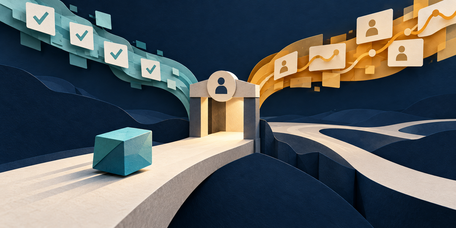 Ilustração editorial de uma alteração de software atravessando um ponto de decisão entre verificações e padrões de uso