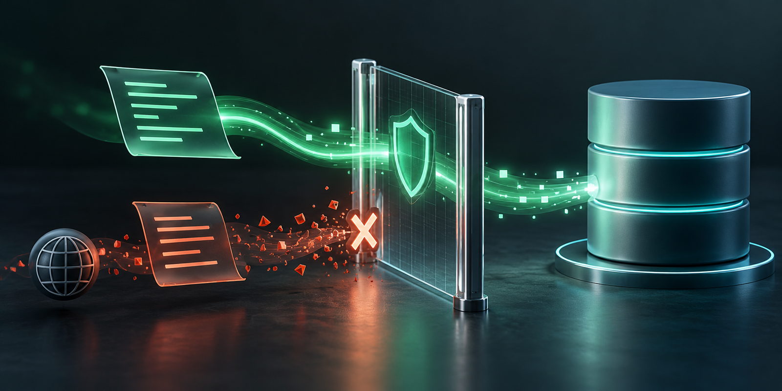 Ilustração editorial de uma barreira separando fragmentos SQL confiáveis de entrada externa