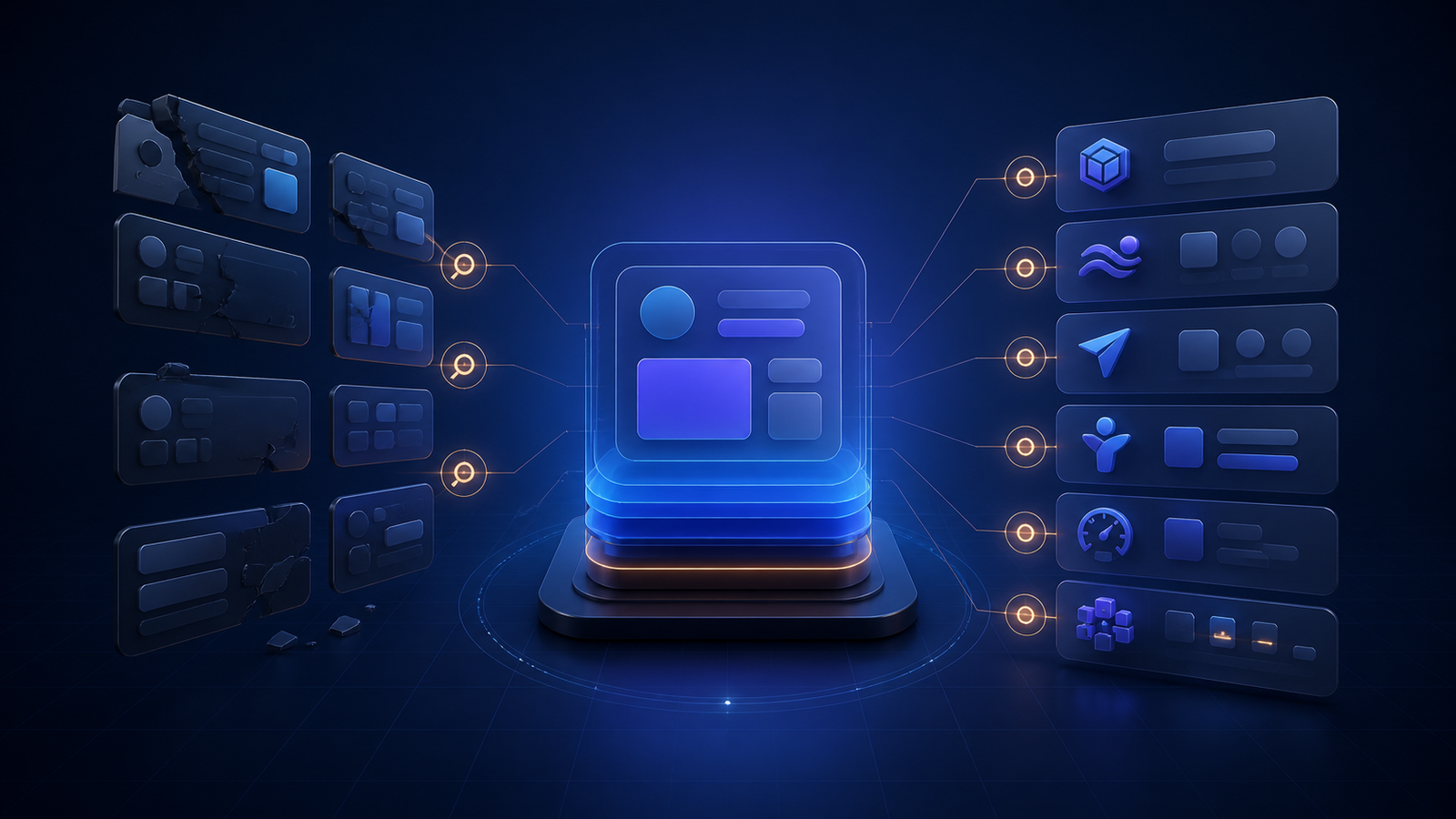 Ilustração editorial de módulos abstratos de interface atravessando revisões de API, dados, navegação, acessibilidade e desempenho