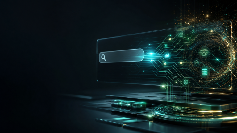 Ilustração abstrata de uma interface de busca com inteligência artificial em tons de verde