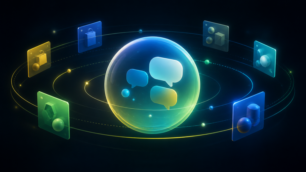 Ilustração editorial de uma conversa protegida ao centro e cartões de anúncios ao redor, representando publicidade no ChatGPT no Brasil