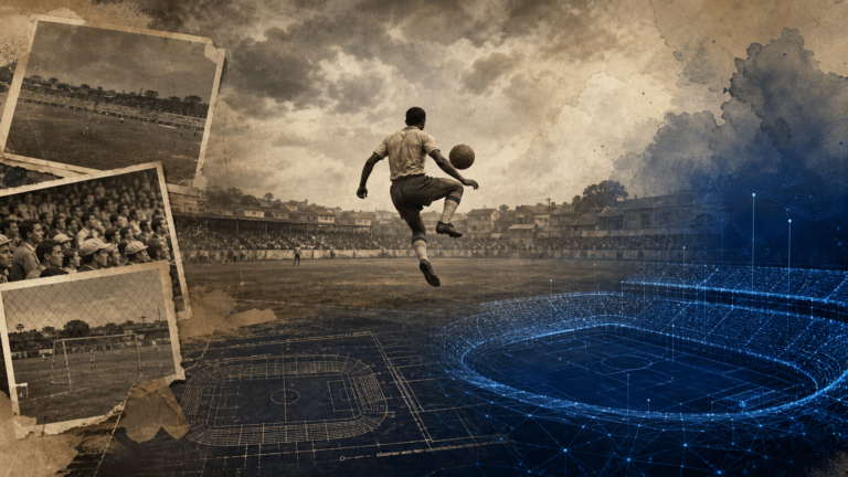 Ilustração editorial de um lance de futebol dos anos 1950 entre fotografias de arquivo e uma malha digital azul