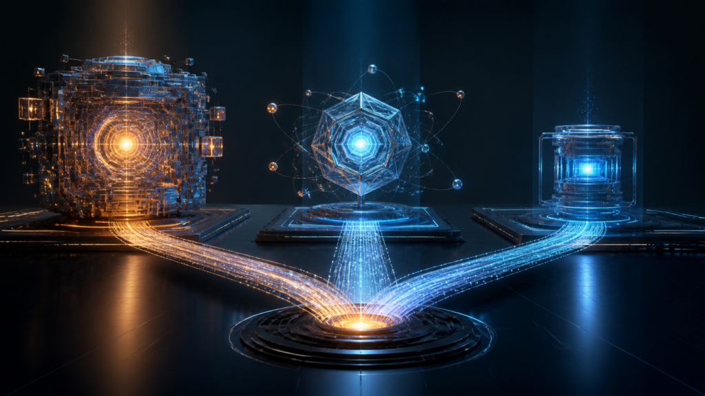 Três núcleos computacionais abstratos representam escolhas entre capacidade, equilíbrio e eficiência