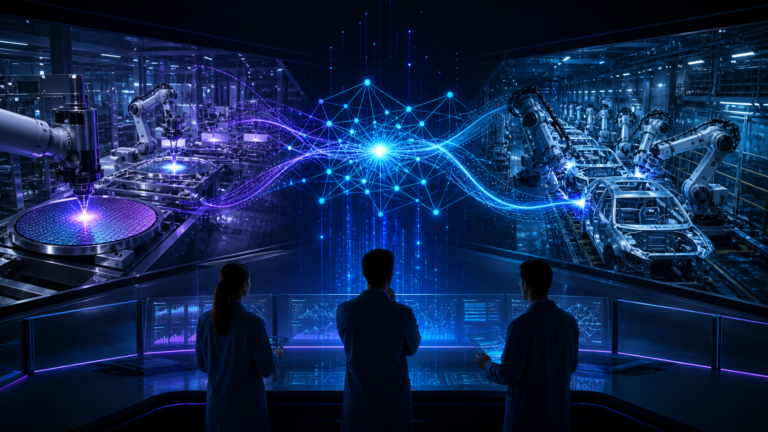 Ilustração editorial de fábricas de semicondutores e automóveis conectadas por uma rede de IA, com engenheiros em área de controle