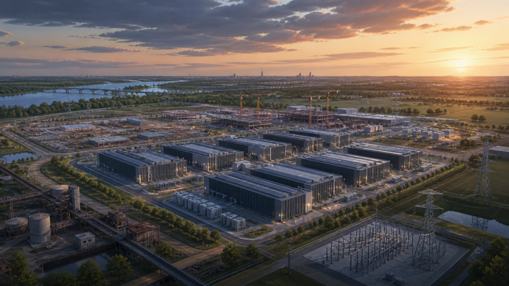 Ilustração editorial de um campus de data centers em construção, com subestação, linhas de transmissão e paisagem industrial ao entardecer