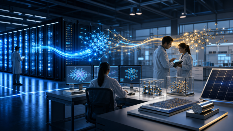 Pesquisadores analisam simulações ligadas a um supercomputador em ilustração editorial sobre IA aplicada à ciência