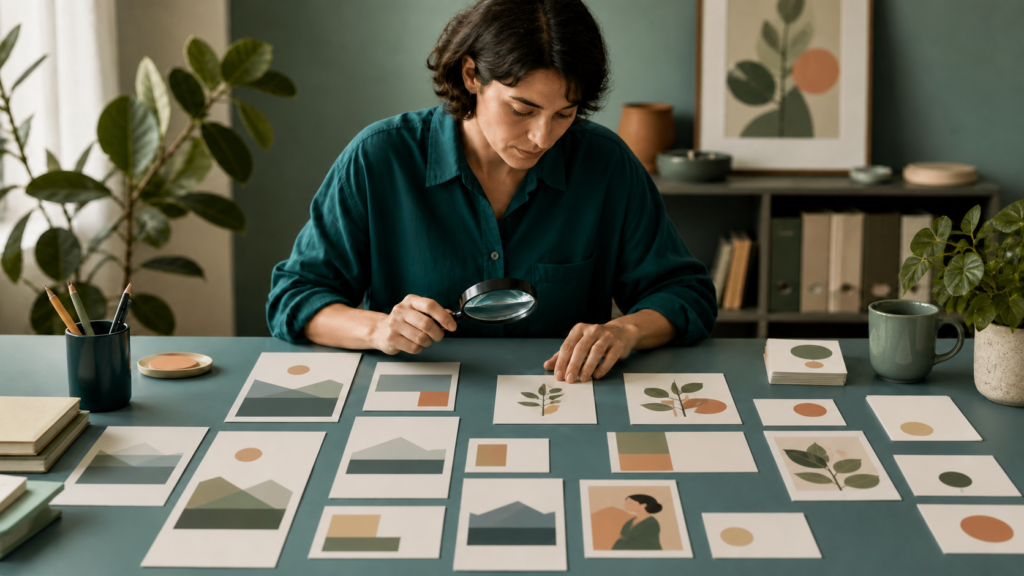 Pessoa revisa imagens e cartões visuais com uma lupa antes de aprovar descrições alternativas