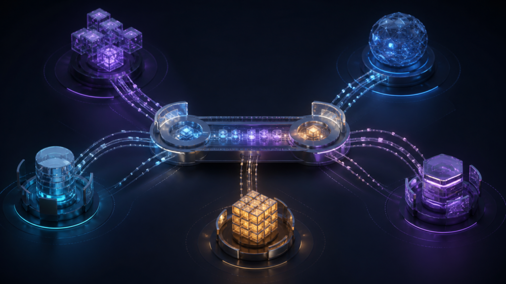 Ilustração editorial de cinco sistemas de agentes conectados por uma ponte de interoperabilidade, em tons azul, violeta e âmbar