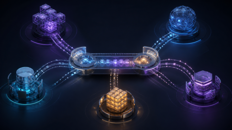 Ilustração editorial de cinco sistemas de agentes conectados por uma ponte de interoperabilidade, em tons azul, violeta e âmbar