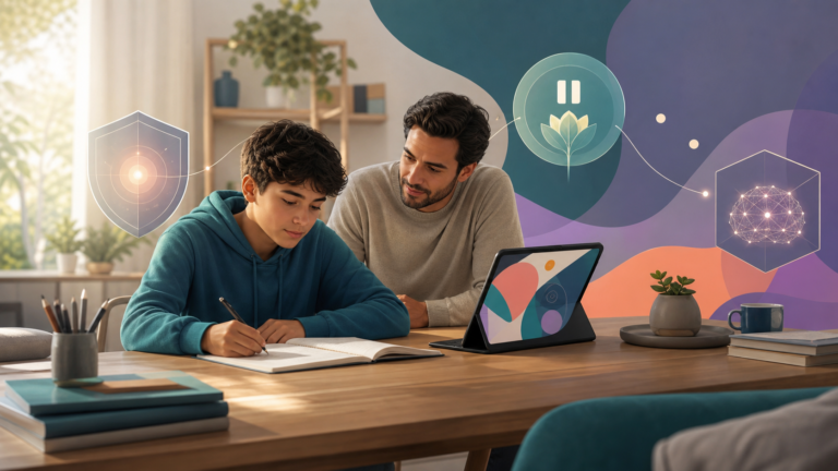 Ilustração editorial de um adolescente estudando com apoio de um responsável e símbolos abstratos de proteção e pausa saudável