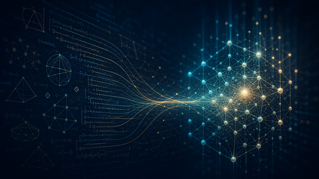 Estrutura matemática abstrata convergindo para uma rede computacional luminosa