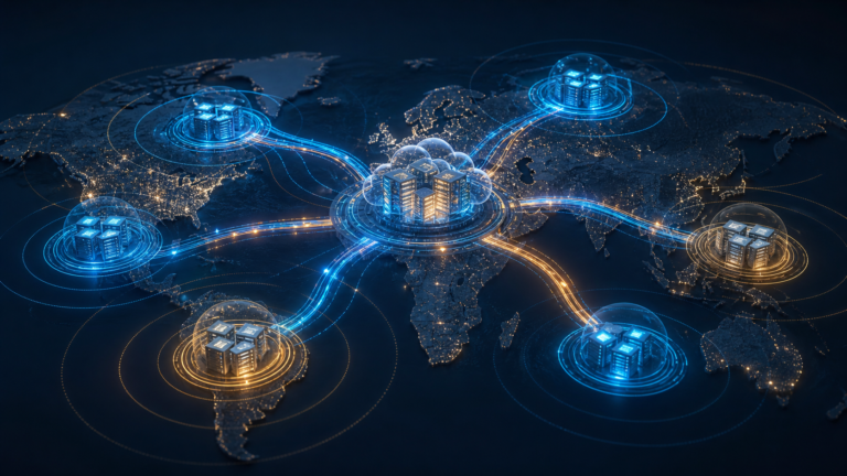 Ilustração de uma nuvem de IA conectada a centros de dados em várias regiões do mundo