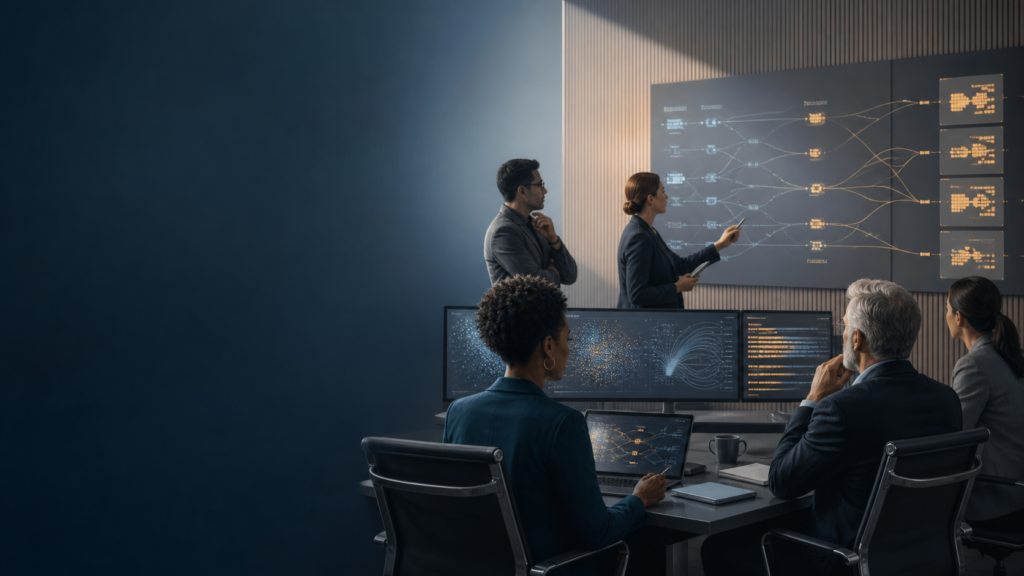 Equipe de auditores analisa fluxos e registros de decisões assistidas por inteligência artificial em uma sala institucional