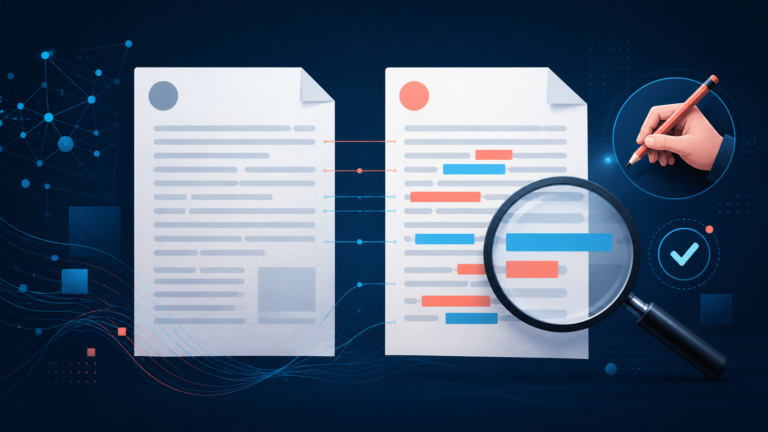 Ilustração de dois documentos comparados, com alterações destacadas por uma lupa e revisão humana