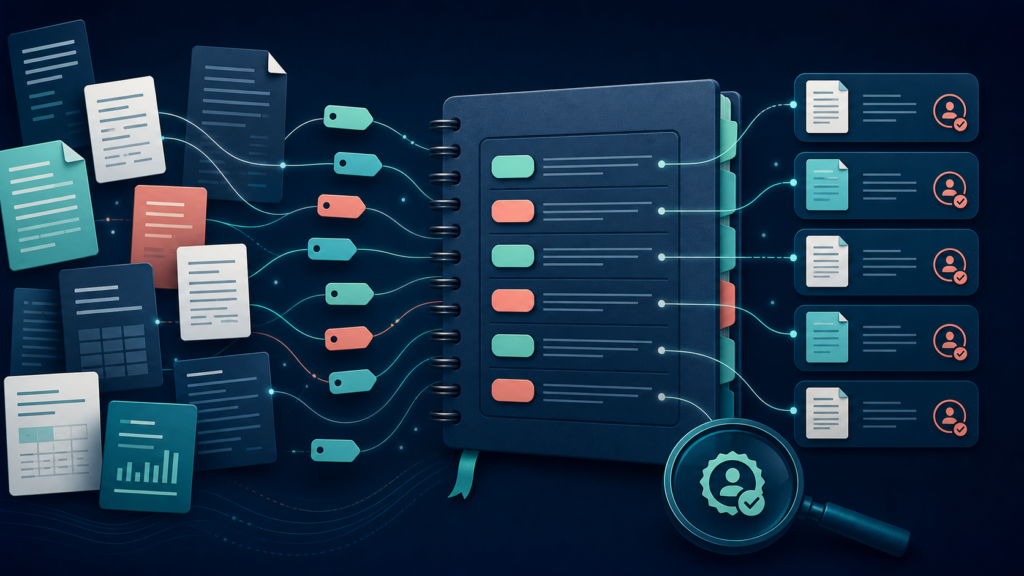 Ilustração de documentos ligados a um glossário com revisão humana e apoio de IA