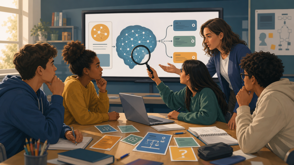 Ilustração de estudantes e professora analisando criticamente respostas e caminhos de uma inteligência artificial