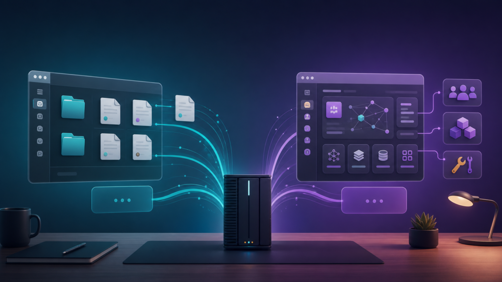 Ilustração conceitual de um servidor local dividindo fluxos entre uma interface simples de documentos e uma plataforma web modular de IA