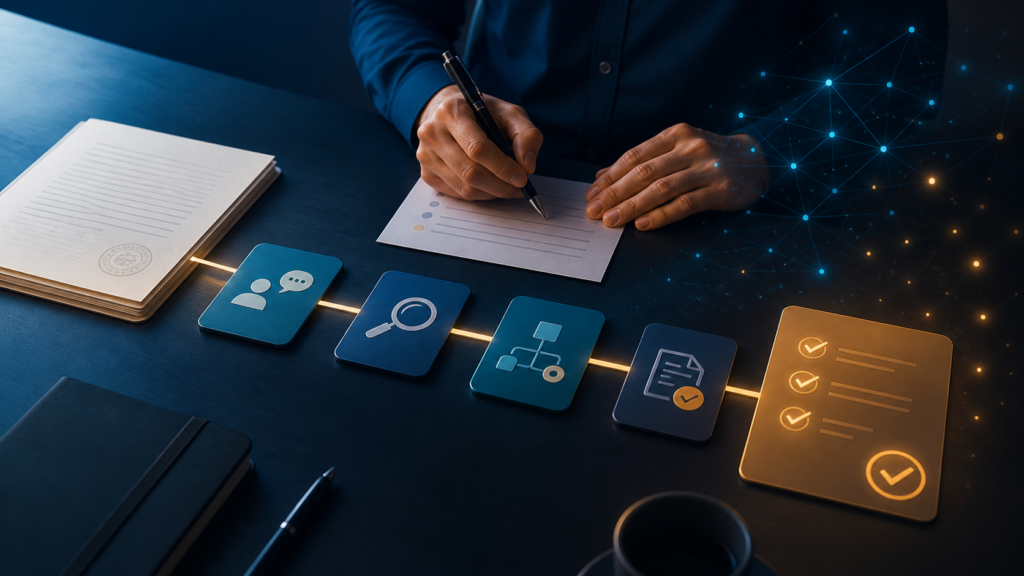 Ilustração editorial de uma pessoa revisando documentos e etapas de um procedimento operacional com apoio de inteligência artificial