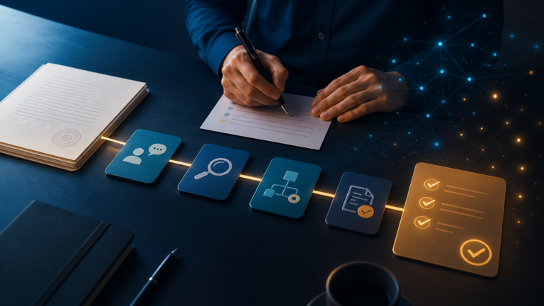 Ilustração editorial de uma pessoa revisando documentos e etapas de um procedimento operacional com apoio de inteligência artificial